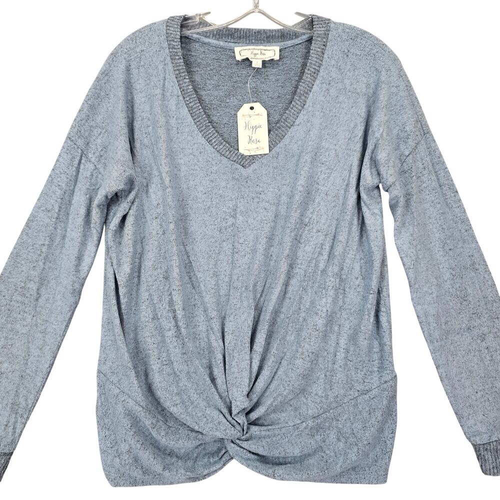 Hippie Rose Blue Sweater NEW Stretch Knit Twist Long Sleeves V-Neck Womens L Top